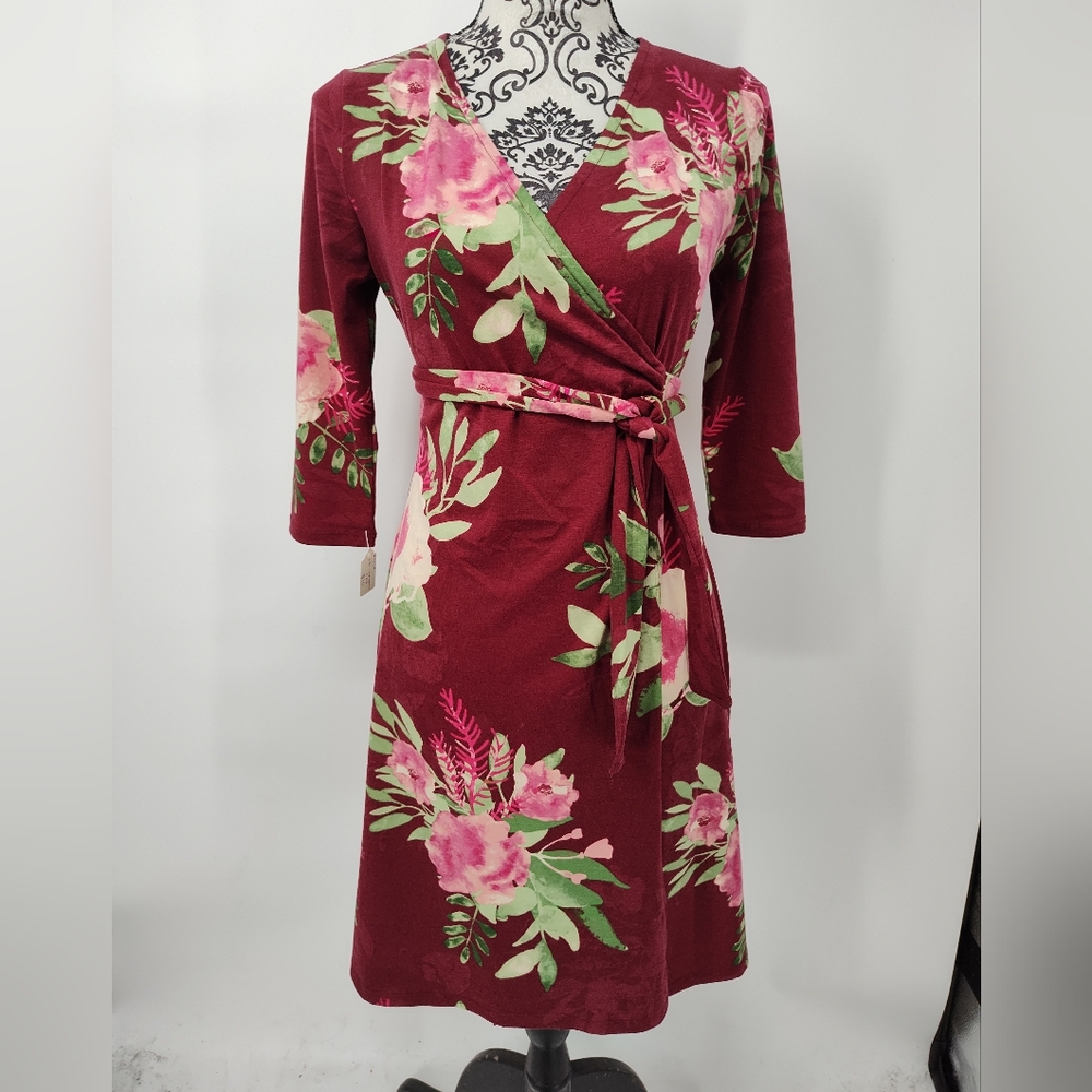 LuLaRoe Dark Red and Pink Floral 3/4 Sleeve Wrap Midi Dress Women's Size XXS